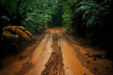 The terrain route with wet muddy surface in the deep jungle, extreme adventure location scene. Generative Ai image.