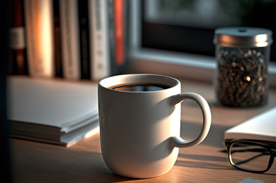 A cup of black coffee is placed on working desk at the office with morning sunlight from the window. Generative Ai image.