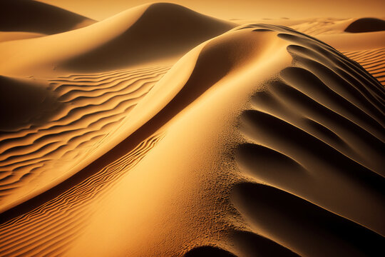 View of desert or sand dune with wave ground pattern, landscape scene. Generative Ai image.