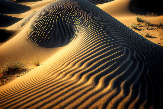 View of desert or sand dune with wave ground pattern, landscape scene. Generative Ai image.