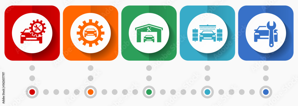 Poster car services vector icons, auto washing and workshop flat design web buttons collection, business co
