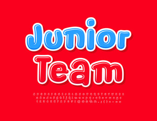 Vector funny emblem Junior Team. Bright Glossy Font for Kids. Modern Alphabet Letters and Numbers set