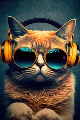 Funny Cat With Headphones And SUnglasses Generative AI