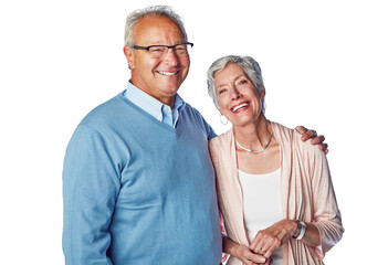 Senior couple, hug and retirement portrait in studio with happiness, love and support in happy marriage. A old man and woman together for commitment, care and trust isolated on a white background
