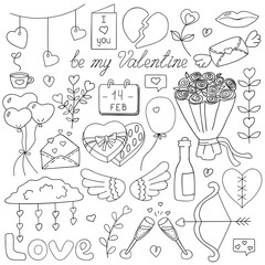 Outline doodle love theme set, romance, February 14, Valentine's Day. Design elements, white background. Inscription. Cute cartoon style.