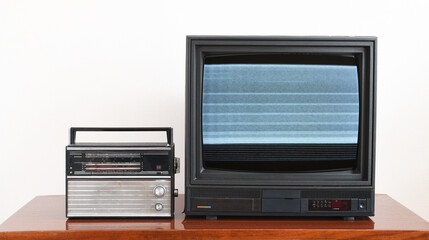 Vintage tv with screen noise and radio receiver on wooden antique table, old house design. Old...