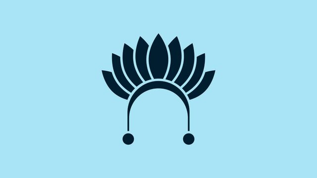Blue Indian headdress with feathers icon isolated on blue background. Native american traditional headdress. 4K Video motion graphic animation
