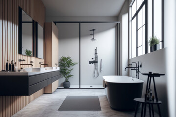 Naklejka na ściany i meble Modern bathroom interior design, Luxury yet minimalist clean, bright and hygienic spacious bathroom with shower, toilets, mirrors, bathtub and natural green plant in a hotel, apartment, or house. 