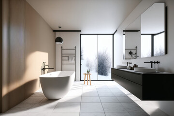 Modern bathroom interior design, Luxury yet minimalist clean, bright and hygienic spacious bathroom with shower, toilets, mirrors, bathtub and natural green plant in a hotel, apartment, or house. 