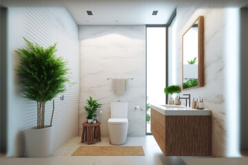 Naklejka na ściany i meble Modern bathroom interior design, Luxury yet minimalist clean, bright and hygienic spacious bathroom with shower, toilets, mirrors, bathtub and natural green plant in a hotel, apartment, or house. 