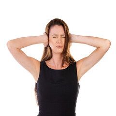 Fototapeta premium Woman, covering ears and isolated on a white background standing alone for noise, loud or anxiety. Disturbed female, person or lady with hands on ear and closed eyes to block noisy sounds