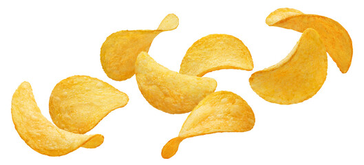 Naklejka premium Flying delicious potato chips, isolated on white background