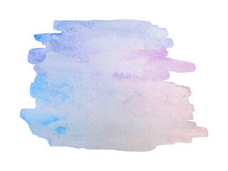 Bright abstract watercolour blue-purple pink blotches. Illustration on white background. Banner for text, element for decoration. Hand drawn on paper background isolated on transparent, png.