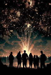 Fototapeta na wymiar Silhouettes of people watching fireworks in the night sky. AI generated.