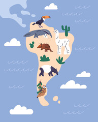 Obraz premium South America map with animals. Cute wild mammals on Southern American land. Wildlife, terrestrial habitats. Llama, anteater, toucan, different species, habitants. Childish flat vector illustration