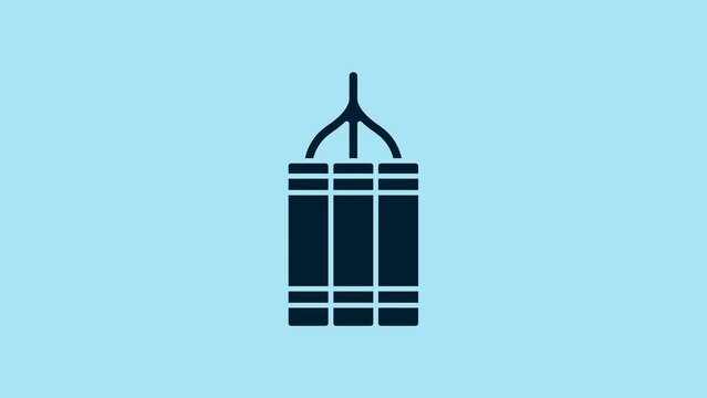 Blue Detonate dynamite bomb stick icon isolated on blue background. Time bomb - explosion danger concept. 4K Video motion graphic animation