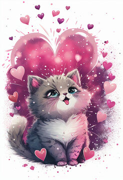 Cute kitten in pink hearts - Valentine's Day concept. AI generated