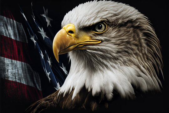 Proud american eagle on american flag background. AI generated