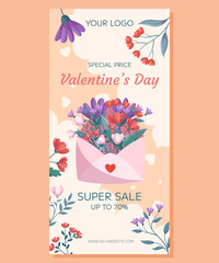 Valentine's Day vertical Super Sale banner template design. Pink open envelop, red flowers green leaves beige backdrop. Special Price concept online shopping, decorative clouds hearts, floral frame.