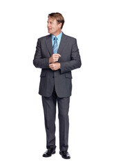 Fototapeta premium Professional, business man and corporate suit of a financial consultant with white background. Studio, isolated and finance worker model ready for executive company working feeling proud and happy
