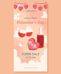 Valentine's Day vertical Super Sale banner template design. Bottle and two glass of wine, box with chocolatte in heart shape with ribbon, hearts garland on top. Special Price concept online shopping.