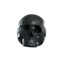 Human skull toy, studio and white background for halloween celebration, horror festival or party. 3D skeleton head, anatomy model and scary with dark symbol, sign or icon of death, danger and fear