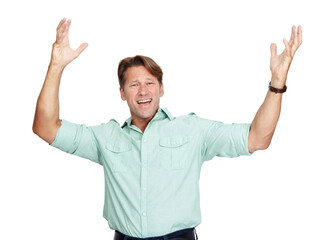 Portrait, man and hands in air, excited and celebration for achievement with guy isolated on white studio background. Male person, entrepreneur and confident gentleman cheering, happiness and winning