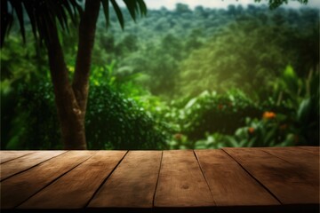 wooden table and jungle madew ith generative ai