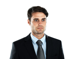 Face, vision and mockup with a business man in studio isolated on a white background for future growth. Mission, mindset and focus with a male employee looking serious while posing on blank space