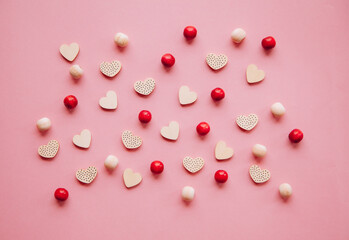 Wooden Hearts on the pink background. Saint Valentine's Day concept. Pink background concept. 