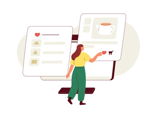 Customer saving item to wish list in internet. Buyer liking, tapping heart, adding goods to online wishlist, shopping watchlist in web store. Flat vector illustration isolated on white background