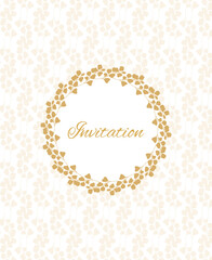 Golden card with floral circular frame, for invitation, greetings, wishes, weddings