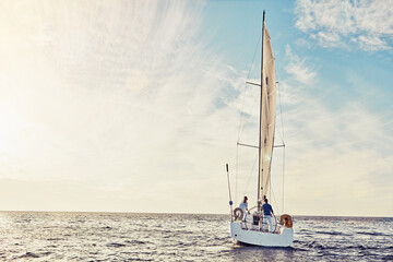 Couple sailing on yacht, adventure and travel with nature, luxury vacation on the ocean for summer holiday. Wealthy people out at sea, lifestyle with blue sky, romantic getaway with seascape mockup - obrazy, fototapety, plakaty