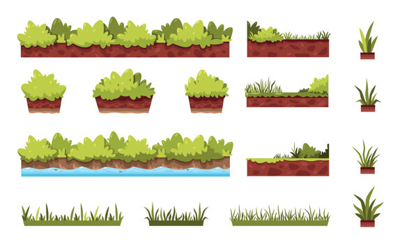 Cartoon grass. Game asset of green bush lawn border floral environment, comic hedge leaves herb elements for ui gaming design. Vector isolated set