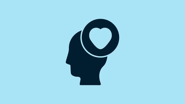 Blue Human head with heart icon isolated on blue background. Love concept with human head. 4K Video motion graphic animation