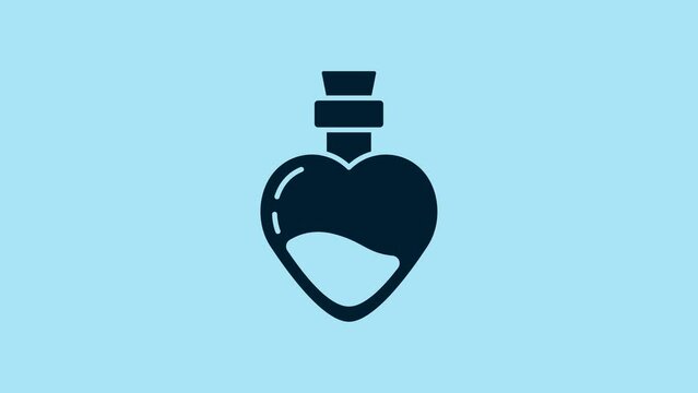 Blue Bottle with love potion icon isolated on blue background. Valentines day symbol. 4K Video motion graphic animation