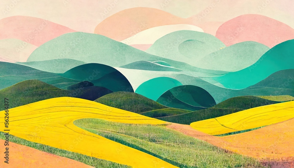 Wall mural image of landscape with colorful mountains and sky created using generative ai technology