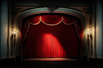 scène de théâtre vide avec rideau rouge et sièges - illustration IA