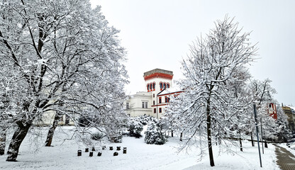 Liberec Chateau and the city park in the winter. Snow covered park in Liberec. 