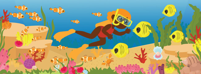 Naklejka na ściany i meble Tropical underwater seabed with sand and underwater world of corals and marine fish and algae cartoon style. A little girl swims underwater in a swimsuit. Tourism, recreation and diving.