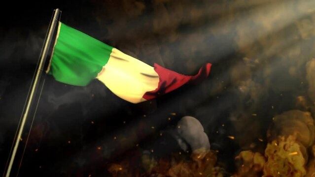 waving Italy flag on smoke and fire with sun beams - catastrophe concept