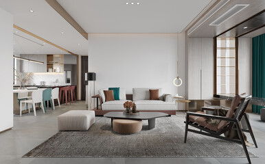 The modern luxury interior of the living room is bright and clean. 3D illustration