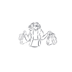 Line woman after a shopping isolated on white background.