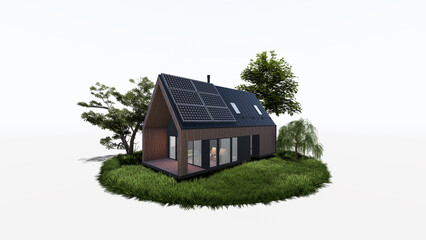 Solar panels on the roof of a modern house, green energy, white background, 3D illustration.