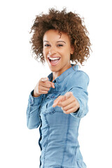 Studio shot of a young woman pointing towards you Isolated on a PNG background.