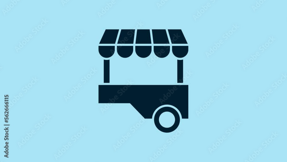 Sticker Blue Fast street food cart with awning icon isolated on blue background. Urban kiosk. 4K Video motion graphic animation