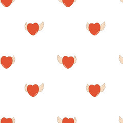 Valentines day seamless pattern with hearts and wings in retro cartoon style of 60s - 70s