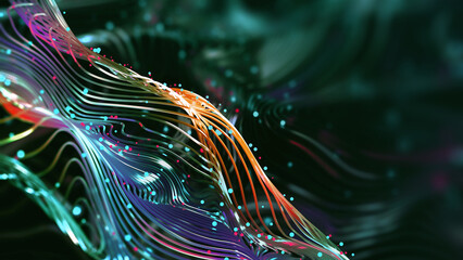 Synthetic mind of abstract neural networks. Science and technology innovation. Neon strings of wavy particles. 3d illustration of abstract cyberspace