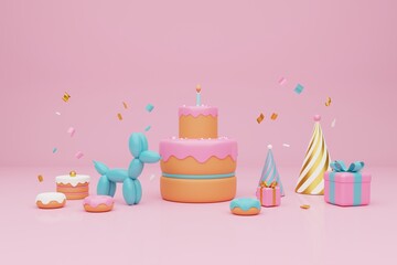 Festive background. Pastel pink and blue cake, balloons, gift boxes on light pink background. 3D rendering