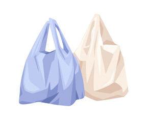 Polyethylene plastic bags. Used cellophane polythene grocery shopping packages composition. Wrinkled crumpled disposable packs with handles. Flat vector illustration isolated on white background